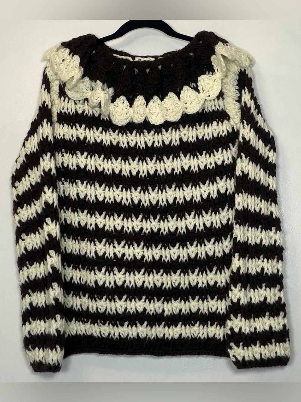 Vintage Dark Brown and Cream Handmade Striped Crochet Collar Sweater